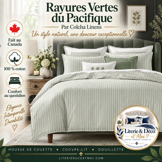 FAIT AU CANADA-Modèle RAYURES DU PACIFIQUE (Vert) -Par Colcha Linens - Douillette Colcha Linens - Literie-Déco et moi 