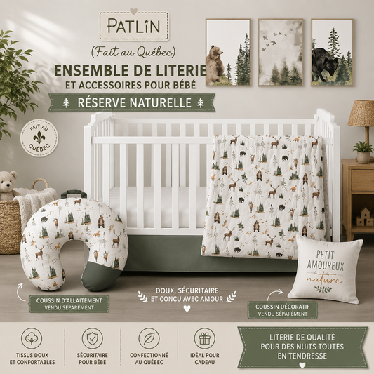 ( Fait au Québec) Ensemble de literie et accessoires pour bébé - RÉSERVE NATURELLE - Literie bébés Textiles Patlin - Literie-Déco et moi 