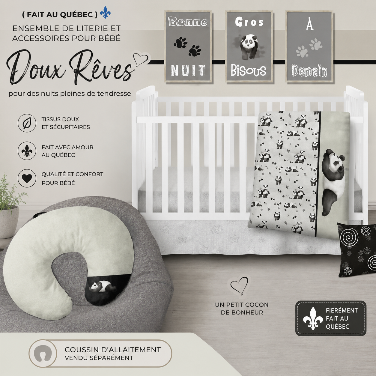 ( Fait au Québec) Ensemble de literie et accessoires pour bébé - DOUX REVES - Literie bébés Textiles Patlin - Literie-Déco et moi 