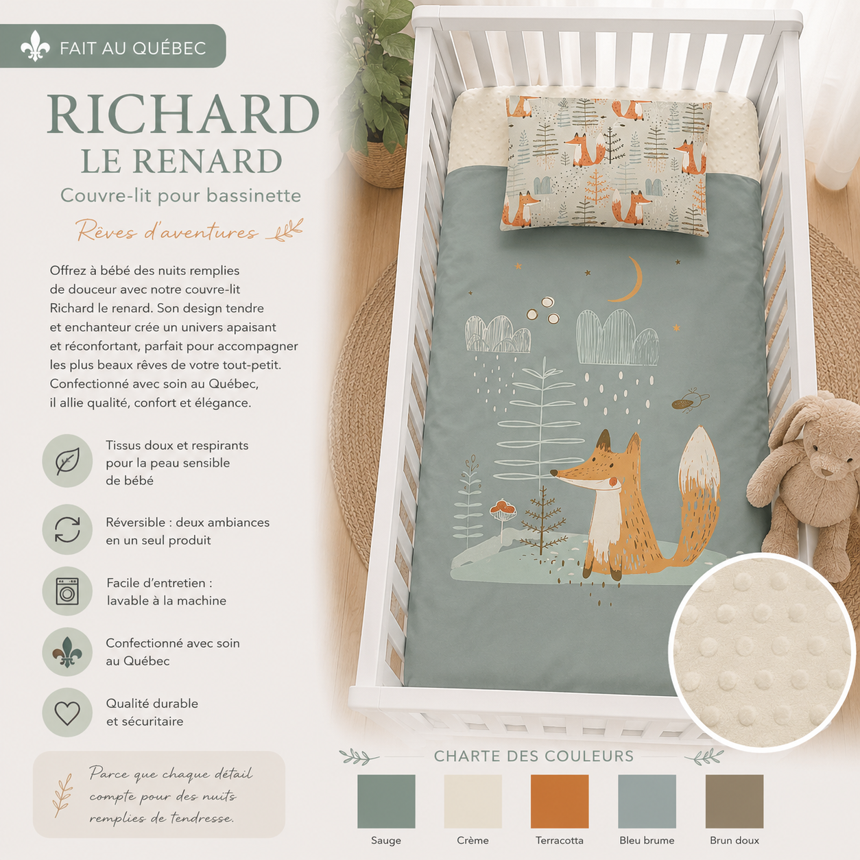 (FAIT AU QUEBEC) Richard le renard - Couvre-lit pour bassinette - Douillette Fait Québec- oleoops - Literie-Déco et moi 