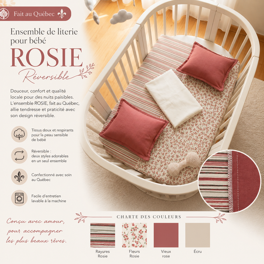 ( Fait au Québec) Ensemble de literie pour bébé ROSIE ( Réversible ) - Douillette bébé Chéné-Sasseville - Literie-Déco et moi 