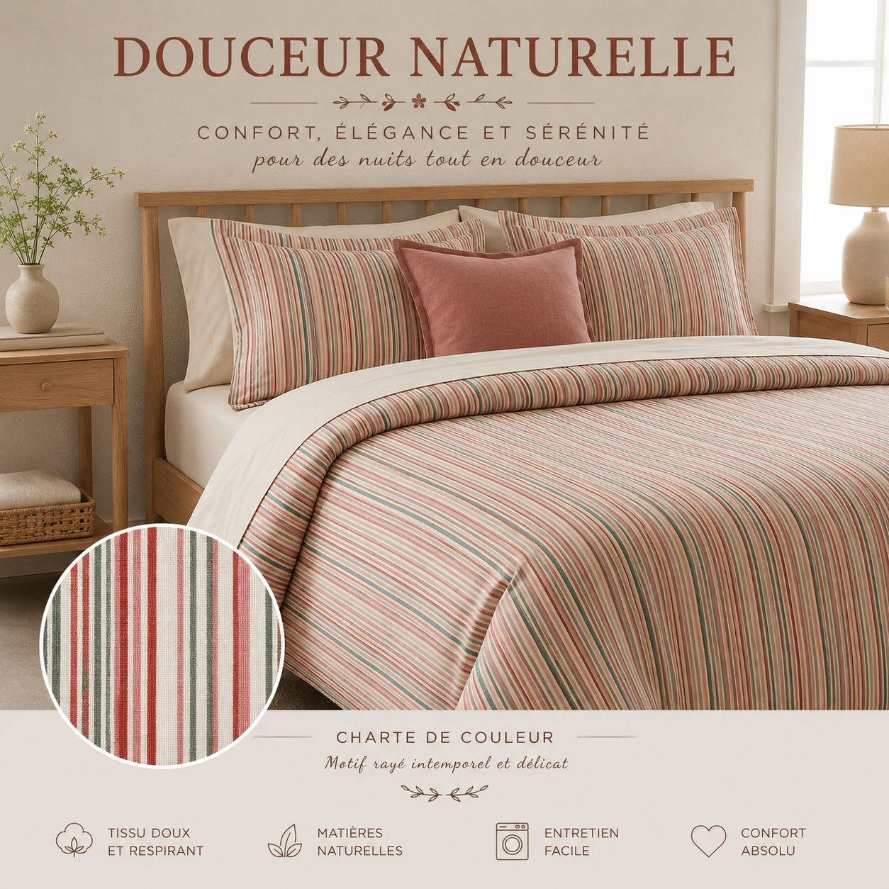 Fait au Québec- Ensemble de literie ROSIE ( avec rayures) - Douillette bébé Chéné-Sasseville - Literie-Déco et moi 