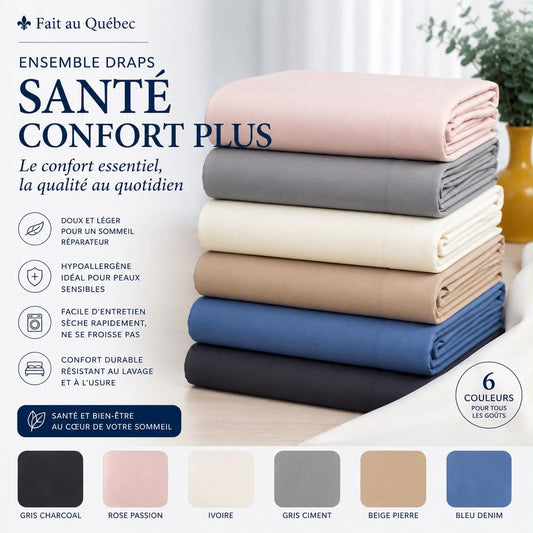 ( Fait au Québec )- Ensemble draps SANTÉ CONFORT PLUS  ( 6 couleurs) - Draps Zénima - Literie-Déco et moi 