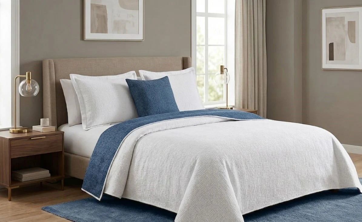 FAIT AU QUÉBEC - Couvre-lit SAPHIR ( Blanc-bleu ) - couvre-lits CHÉNÉ - Literie-Déco et moi 