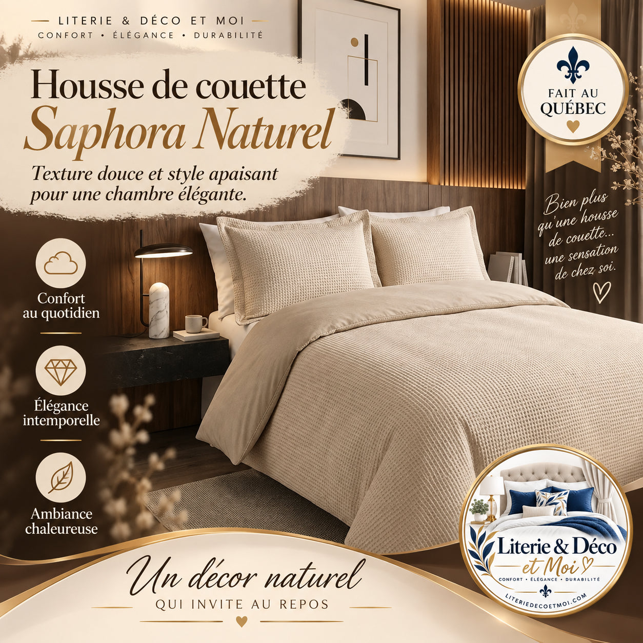 FAIT AU QUÉBEC- Ensemble de housse de couette SAPHORA ( Naturel ) - Housse de couette CHÉNÉ - Literie-Déco et moi 