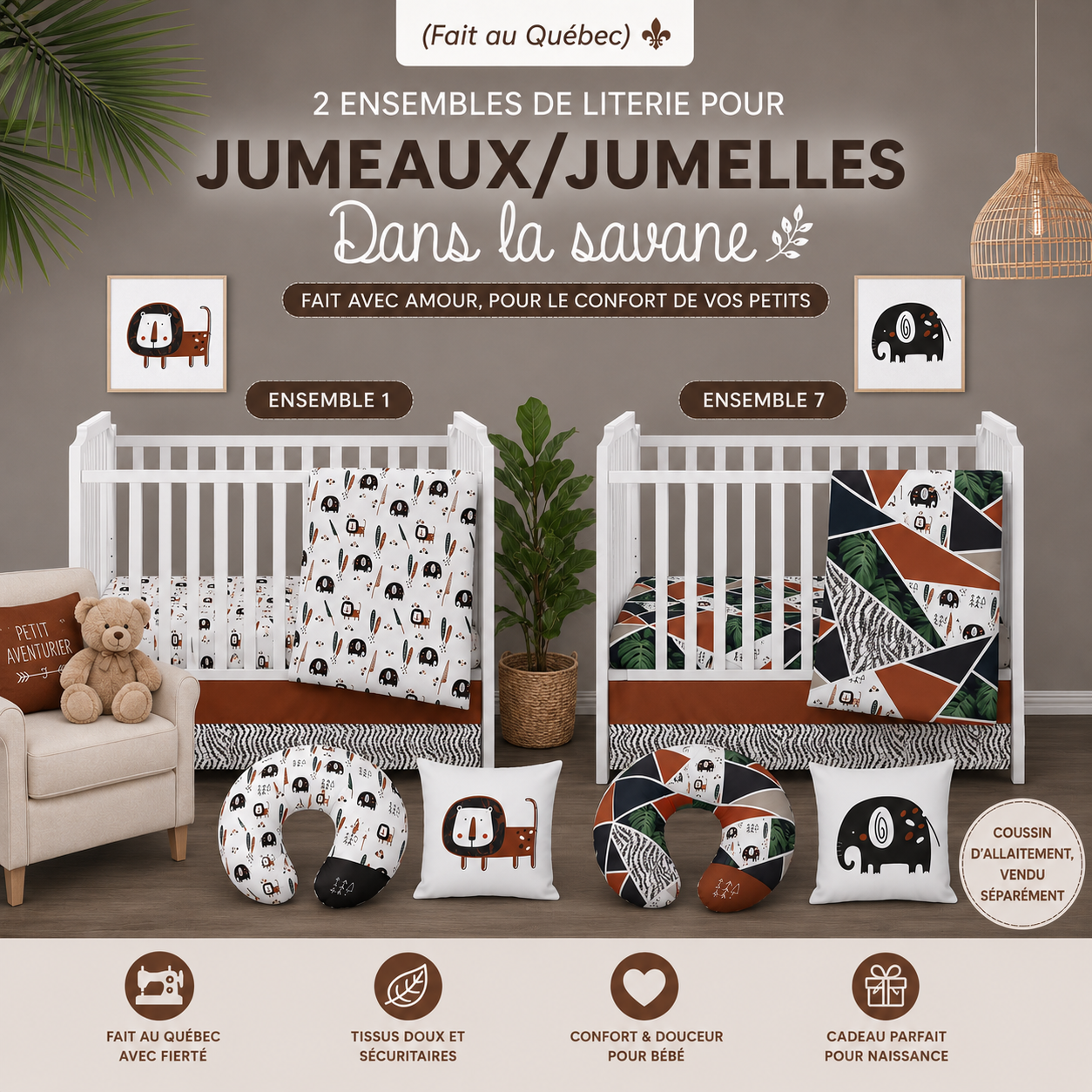 ( Fait au Québec) 2 ensembles de literie pour JUMEAUX/JUMELLES- DANS LA SAVANE - Literie bébés Textile Patlin - Literie-Déco et moi 