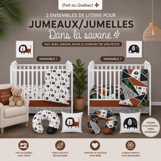 ( Fait au Québec) 2 ensembles de literie pour JUMEAUX/JUMELLES- DANS LA SAVANE - Literie bébés Textile Patlin - Literie-Déco et moi 
