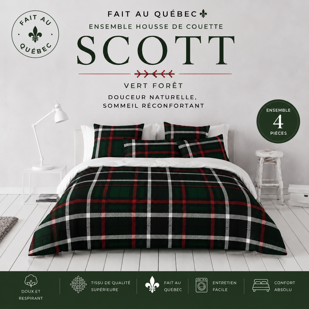 (Fait au Québec ) Housse de couette SCOTT VERT FORÊT  ( Ensemble 4 pièces ) - Housse de couette CHÉNÉ - Literie-Déco et moi 