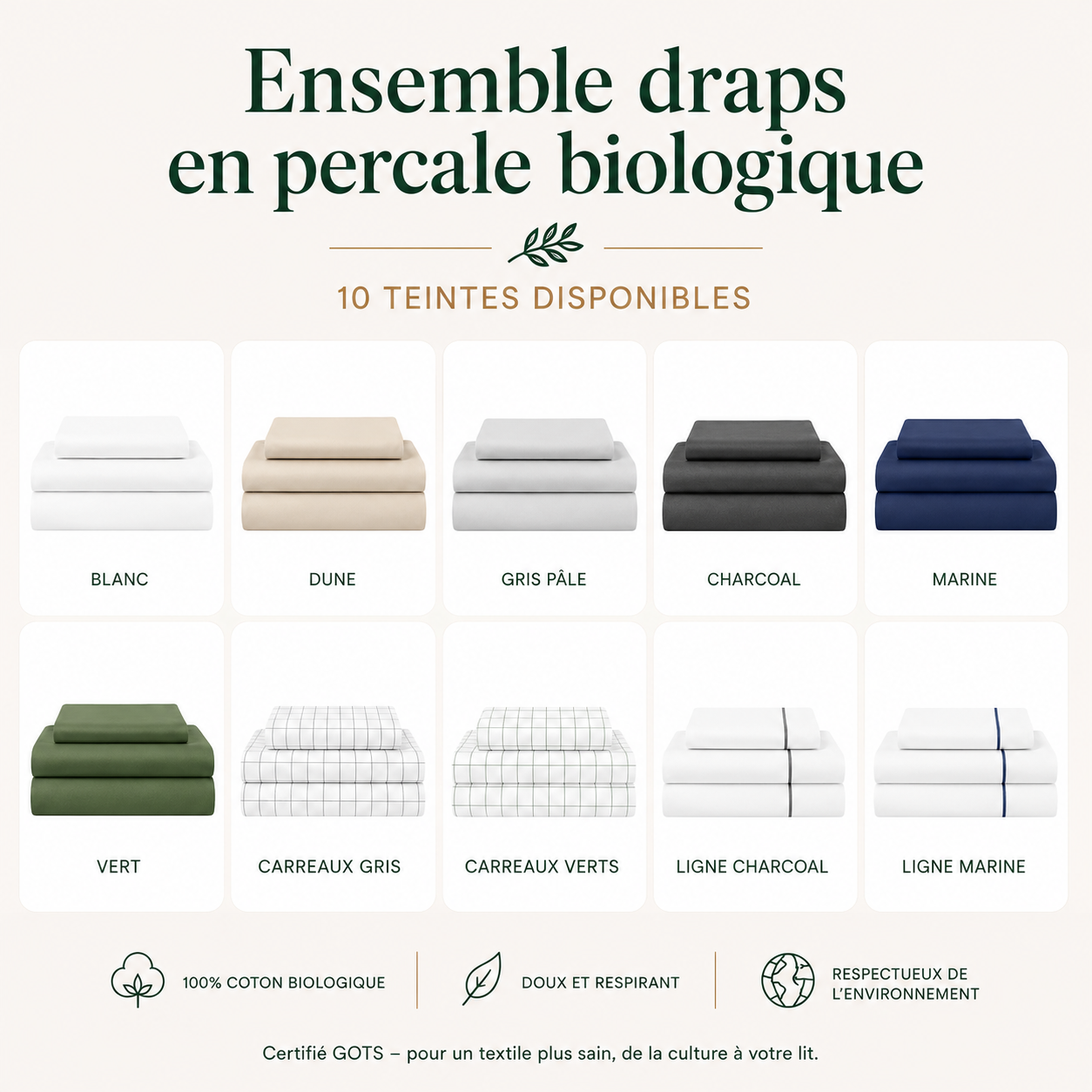 Ensemble draps en percale biologique ( 10 teintes disponibles ) - Draps Literie & Déco et moi - Literie-Déco et moi 