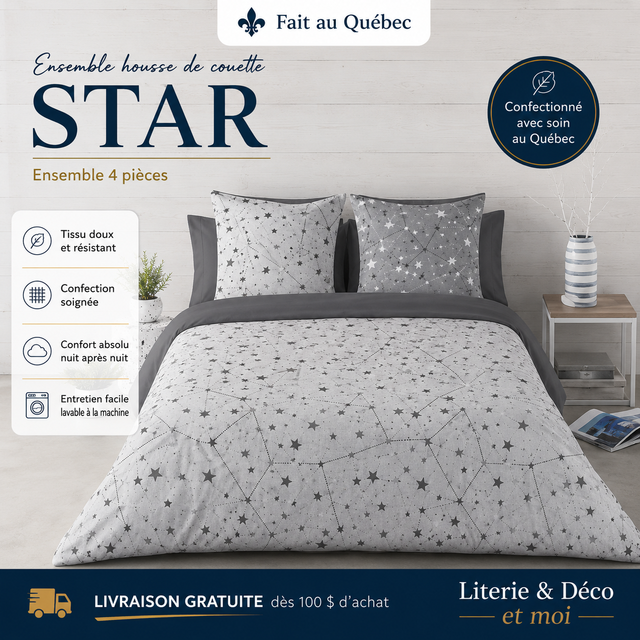(Fait au Québec) Housse de couette STAR  ( Ensemble 4 pièces ) - Housse de couette CHÉNÉ - Literie-Déco et moi 
