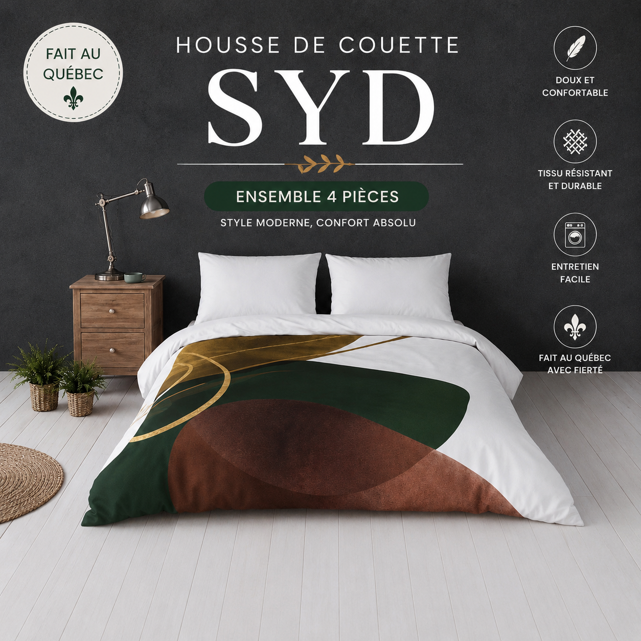 (Fait au Québec) Housse de couette SYD ( Ensemble  4 pièces ) - Housse de couette CHÉNÉ - Literie-Déco et moi 