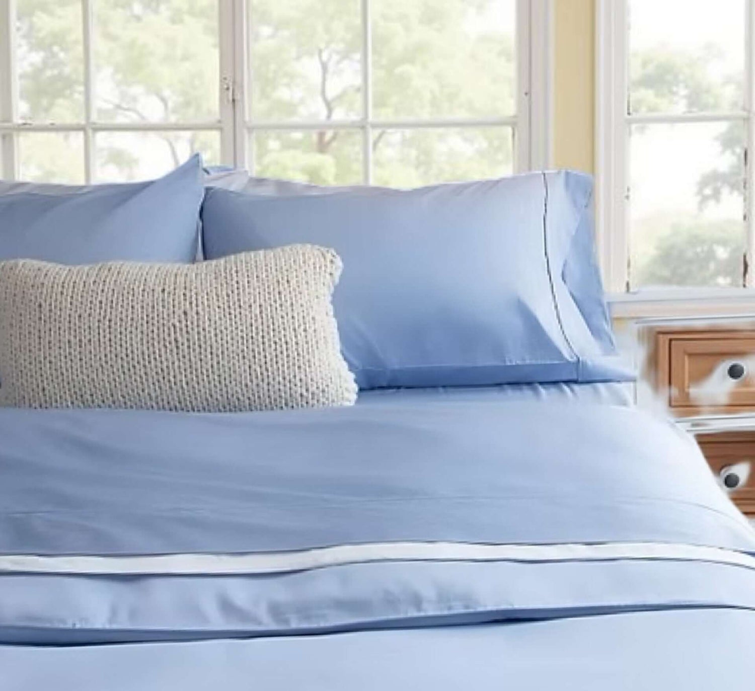 Ensemble de draps en coton égyptien (300 fils) - Bleu Draps  ,disponible chez Literie-Déco et moi 