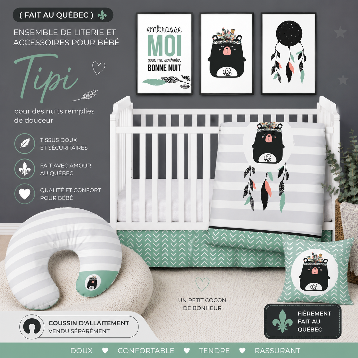 ( Fait au Québec) Ensemble de literie et accessoires pour bébé - TIPI - Literie bébés Textiles Patlin - Literie-Déco et moi 