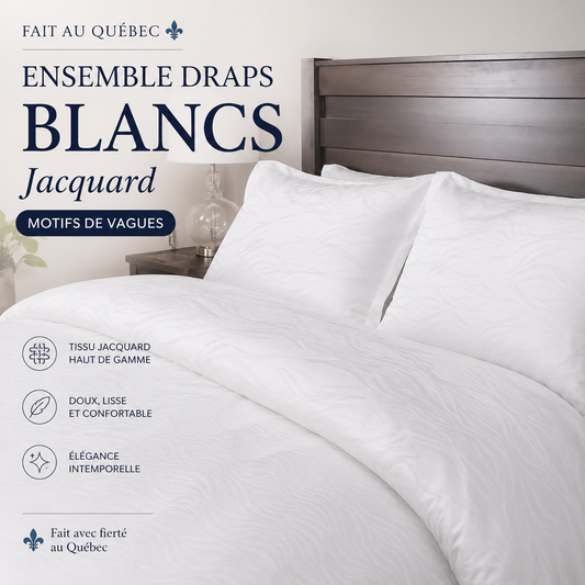 ( Fait au Québec ) Ensemble draps blancs Jacquard ( Motifs de vagues ) - Draps Zénima - Literie-Déco et moi