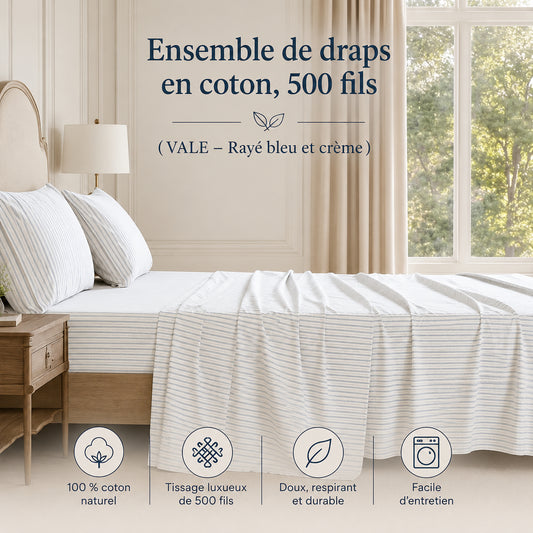 Ensemble de draps en coton VALE  ( Rayé bleu et crème) - Draps Literie & Déco et moi - Literie-Déco et moi 