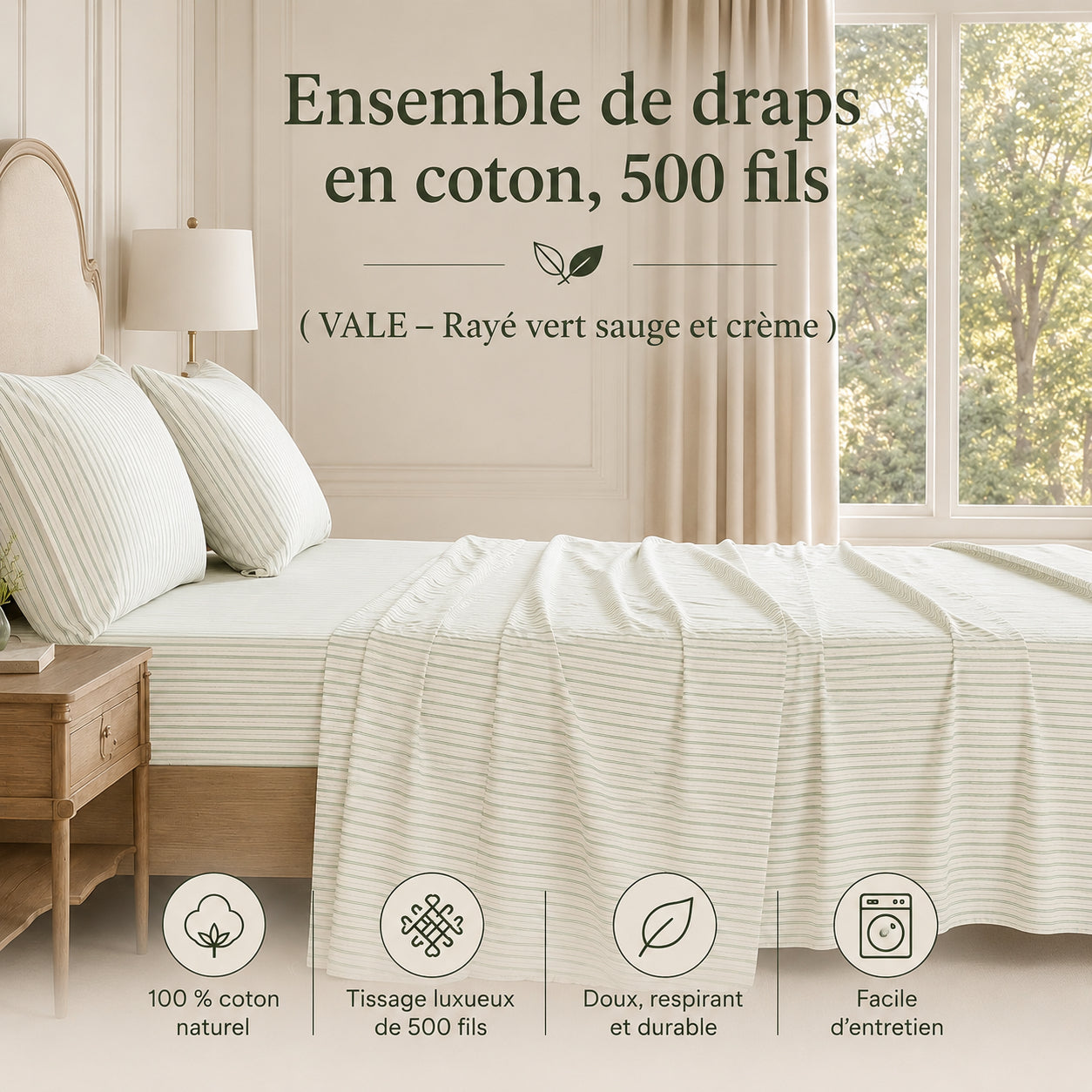Ensemble de draps en coton VALE  ( Rayé vert sauge et crème ) - Draps Literie & Déco et moi - Literie-Déco et moi 
