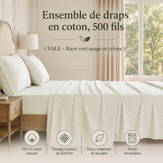 Ensemble de draps en coton VALE  ( Rayé vert sauge et crème ) - Draps Literie & Déco et moi - Literie-Déco et moi 