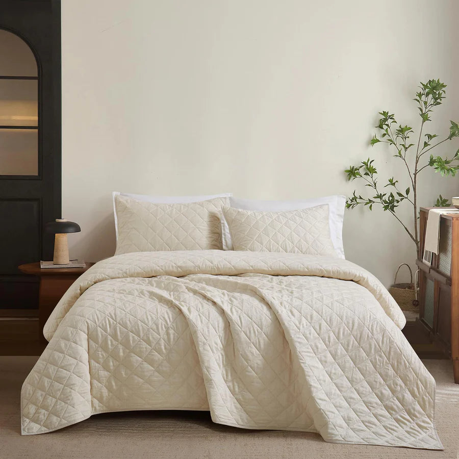 Ensemble courtepointe motifs géométrqiues Ventona Jacquard ( Beige )