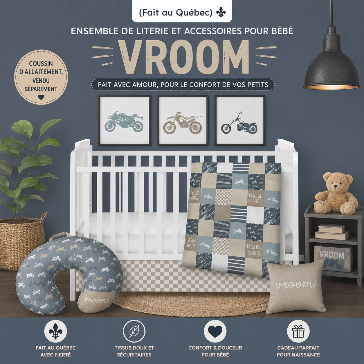 ( Fait au Québec) Ensemble de literie et accessoires pour bébé - VROOM - Literie bébés Textiles Patlin - Literie-Déco et moi 