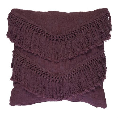 Coussin prune avec franges HEATHER ( 18'' x 18'' )- Par Brunelli coussins  ,disponible chez Literie-Déco et moi 