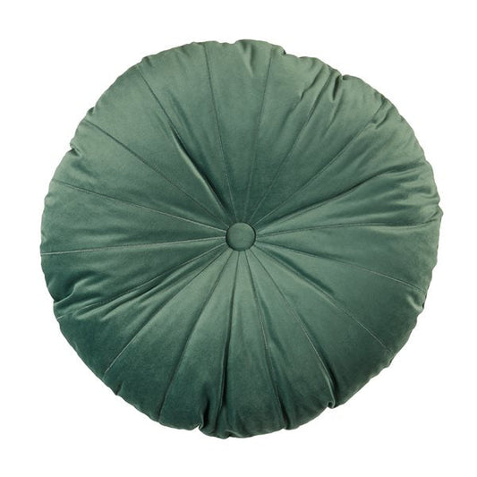 Coussin rond vert de gris  MANDARIN ( 15'' DIAMÈTRE ) - Par Brunelli coussins  ,disponible chez Literie-Déco et moi 