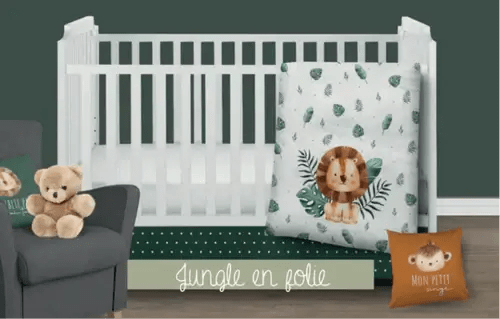 ( Fait au Québec) 2 ensembles de literie pour JUMEAUX/JUMELLES- JUNGLE EN FOLIE Literie bébés  ,disponible chez Literie-Déco et moi 